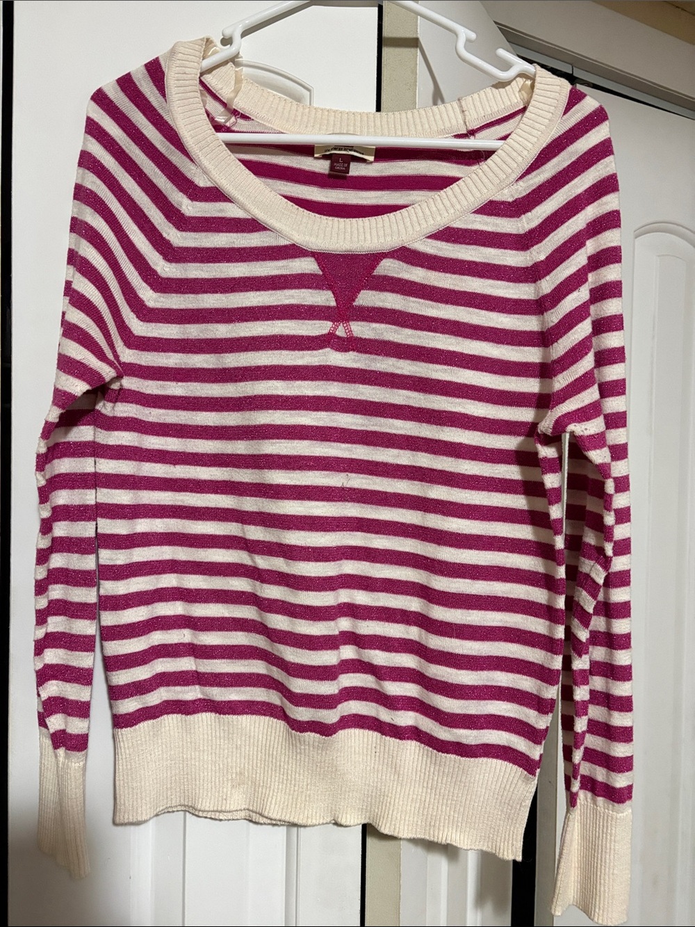 lei Striped Crewneck Sweater in Magenta and Cream